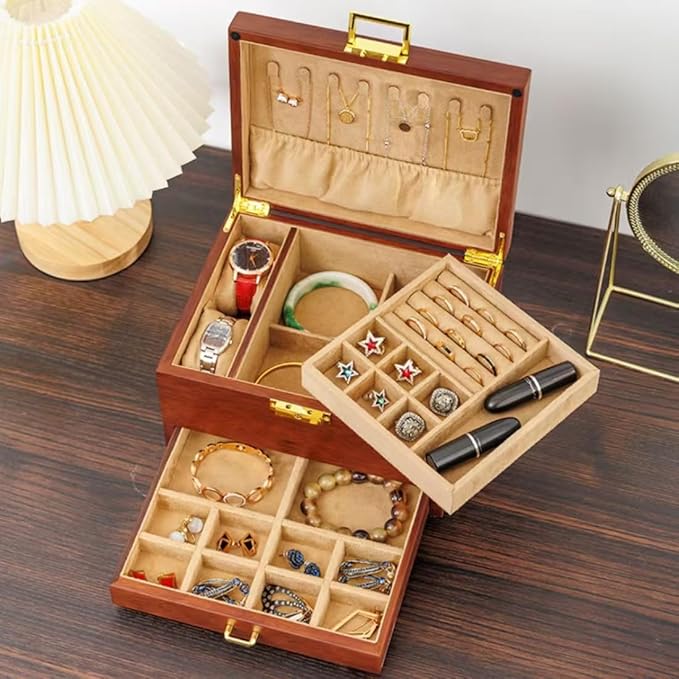 Bescott 3 Layer Solid Wooden Jewelry Box for Women Real Wood Vintage Jewelry Organizer Storage for Earrings Rings Necklaces Bracelet Watch Men