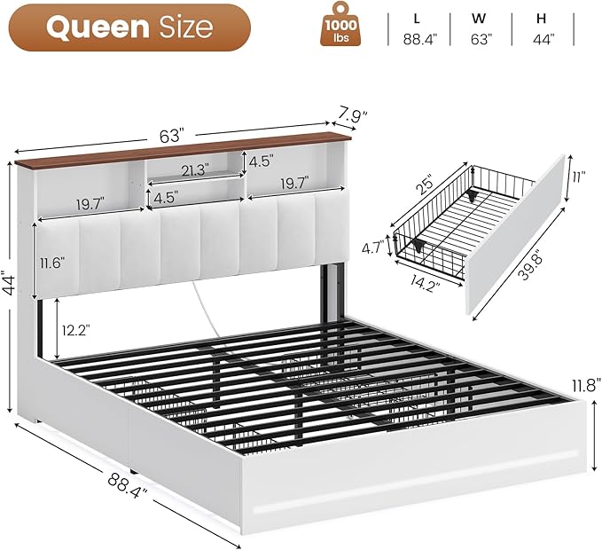 AOGLLATI Queen Bed Frame with Stylish Bookcase Headboard & Charging Station & LED Lights,Queen Size Bed Frame with 4 Drawers, Metal Slats, No Box Spring Needed,White