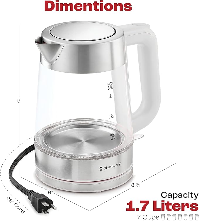 Electric Kettle for Boiling Hot Tea & Water | 1.8L Stainless Steel Borosilicate Glass Boiler With No Plastic, Automatic Shutoff, BPA Free, Fast Heating Technology