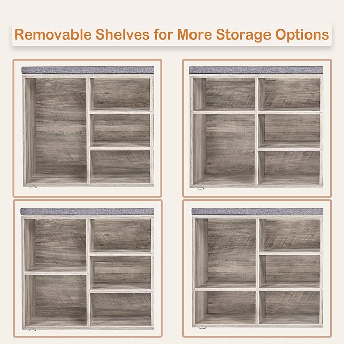 DINZI LVJ Shoe Storage Bench with Cushion, Cubby Rack with 12 Cubbies, Adjustable Shelves, Multifunctional Organizer Bench for Entryway, Mudroom, Hallway, Closet and Garage, Greige