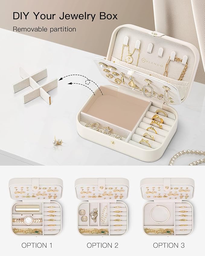Vlando Travel Jewelry Case for Women Girls Mothers, PU Leather Small Mini Jewelry Box for Rings, Necklaces, Bracelets, Earring Holder Organizer Storage for Travel Accessories, Bridesmaid Gifts - Beige