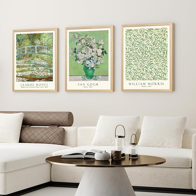 FASWQ Wood Framed Monet Van Gogh William Morris Wall Art, Grass Botanical Wall Decor, Mid Century Impressionist Canvas Paintings, Modern Green Landscape Poster Print for Living Room Bedroom 12"x16"x3