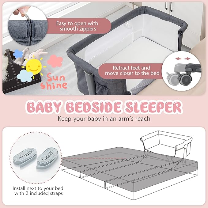 BABY JOY Bassinet Bedside Sleeper, 3 in 1 Folding Crib w/Adjustable Height, Mattress, Lockable Wheels, Storage Pocket & Carry Bag for Infant Newborn, Stationary & Rock, Portable Baby Bassinet (Grey)