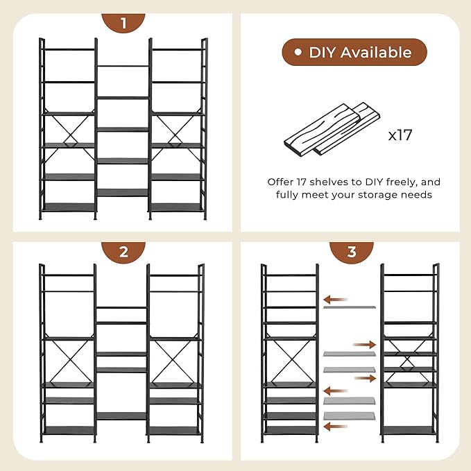 SUPERJARE Triple 6 Tier Bookshelf, Bookcase with 17 Open Display Shelves, Wide Book Shelf Book Case for Home & Office, Black