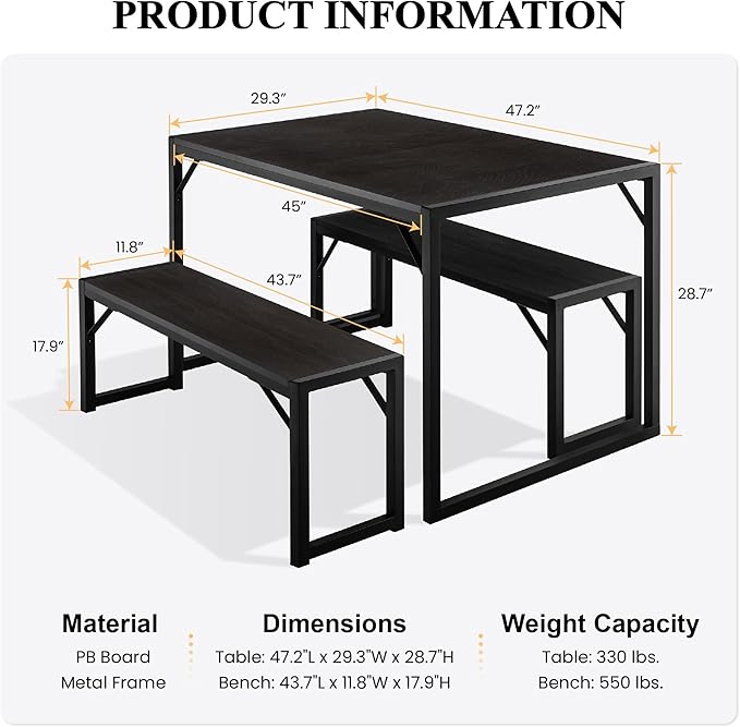 SHA CERLIN Kitchen Dining Table Set for 4 with Benches, Rustic Small Space Saving Dinette, Heavy Duty Metal Frame