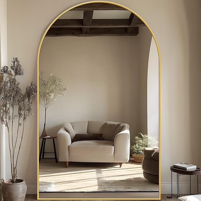 Full Length Mirror, 76"x44" Oversized Floor Mirror Freestanding, Full Body Mirror Floor Standing Mirrors with Stand, Hanging Mounted Mirrors for Bedroom Living Room, Gold, Arched Style