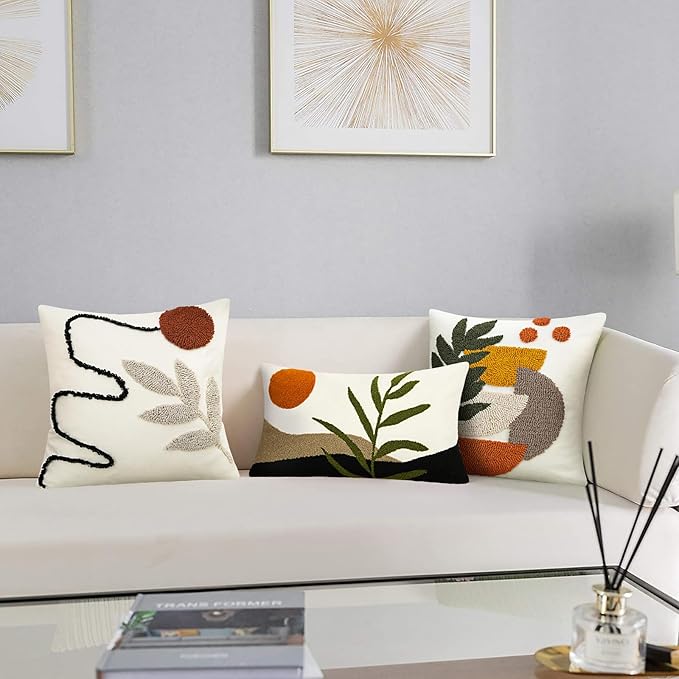 Merrycolor Boho Decorative Throw Pillow Covers Abstract Tufted Mid Century Modern Throw Pillows Green Leaf Sun Aesthetic Textured Pillow Cover Decorative Throw Pillows for Bed Couch Sofa,18x18