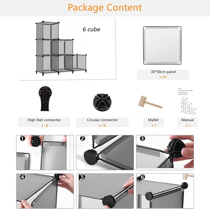 AWTATOS Cube Storage Organizer, Storage Cubes Shelves Bookshelf, 6 Cube Closet Organizers and Storage, DIY Stackable Plastic Clothes Organizer Shelving for Bedroom, Home, Grey