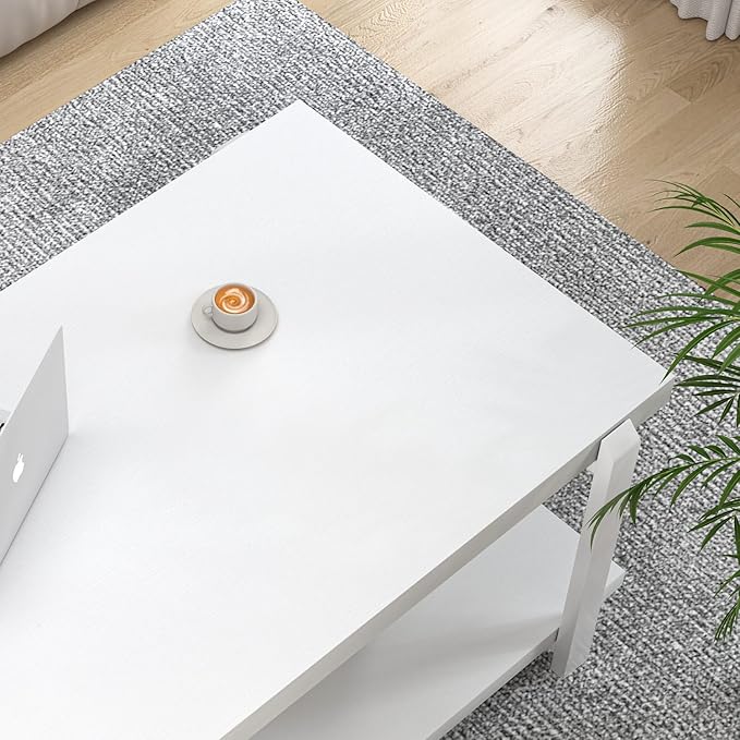 FOLUBAN White Coffee Table, Modern Rustic Wood and Metal Center Table with Storage Shelf, Rectangle Cocktail Tea Table for Living Room, 42 Inch