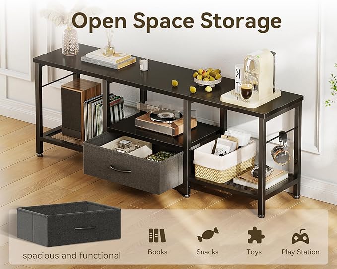 Casaottima 47" TV Stand with Open Storage Shelves up to 55 Inch TVs, Entertainment Center with Fabric Drawers, TV Console Table with Soundbar Shelf TV Stand for Living Room Bedroom, Pure Black