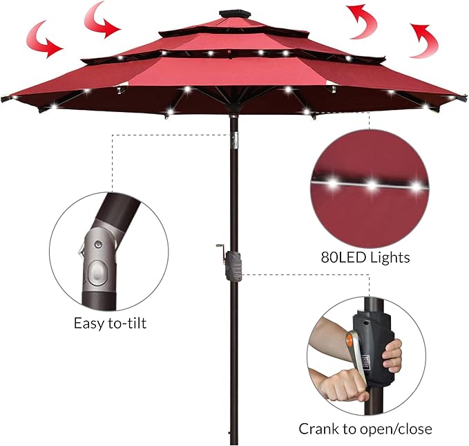 EliteShade USA 10-Year-Non-Fading Solar 9ft 3 Tiers Market Umbrella with 80 LED Lights Patio Umbrellas Outdoor Table with Ventilation,Burgundy