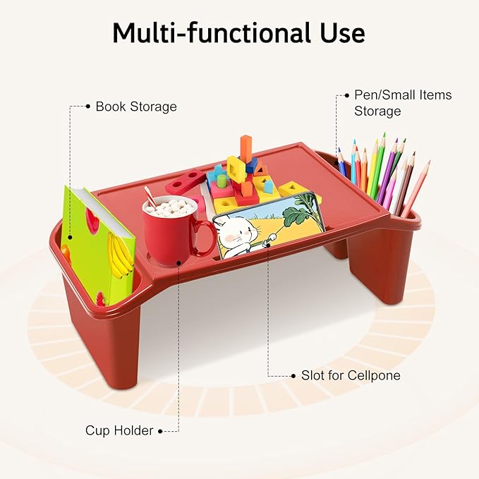 6 Pcs Kids Lap Desk Tray, Plastic Breakfast Lap Desk Trays with Side Pockets and Slot, Portable Lap Table Snack Tray for Eating, Writing, Drawing, Game, 19.69" L x 9.84" W x 7.1" H (6 Colors)