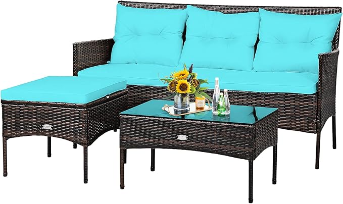 Tangkula 3 Pieces Patio Conversation Set, Outdoor PE Rattan Wicker Furniture Set W/Cozy Cushions, All Weather Sectional Sofa Set W/Tempered Glass Coffee Table for Poolside, Backyard, Garden