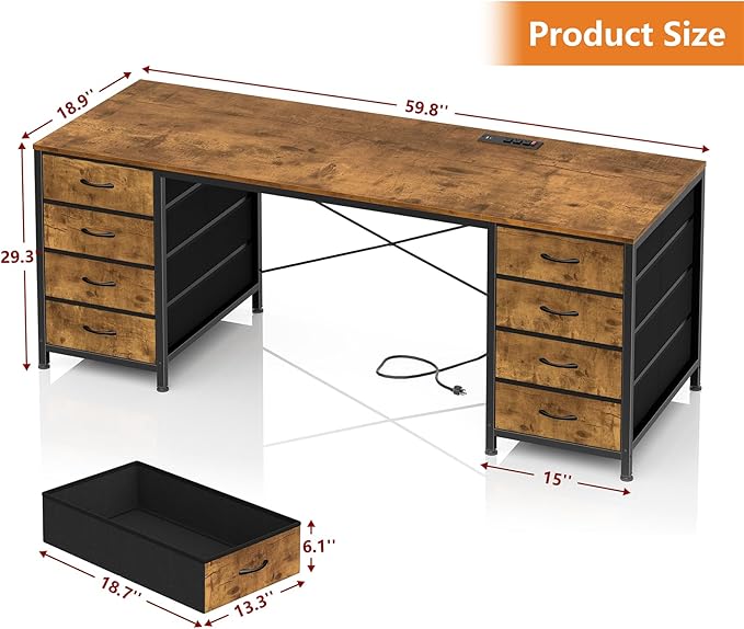 60 Inch Computer Desk with 8 Drawers, Home Office Desk with Power Outlets, Work Study Gaming Desk with 8 Fabric Drawers, Rustic Brown