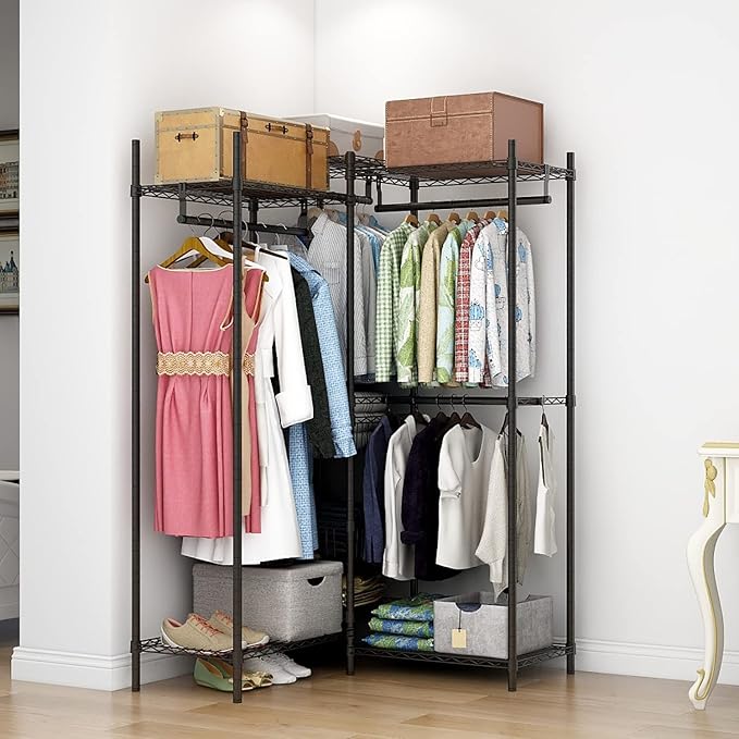 Xiofio Freestanding Heavy Duty Clothes Rack, Wire Clothing Rack with Hanging Rod,Adjustable Shelves & 2 Slid Fixed Baskets,60.7" L x 15.7" W x 70.5" H Max Load 720LBS,Black.