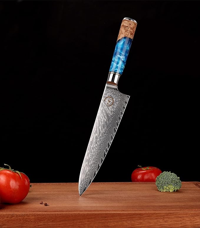Chef Knife 8 inch, Damascus Chef Knife VG10 Core Steel with 66-Layers High Carbon Professional Sharp Chefs Knife 8" Blade Ergonomic Beautiful Blue Resin Handle Gift Boxed