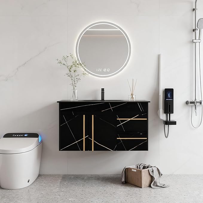 Goujxcy 35.4" Wall Mounted Bathroom Vanity with Sink, Modern Floating Bathroom Cabinet with Ceramic Sink & 2 Drawers, Wood Hanging Bath Room Cabinet with Soft-Close System (Black)