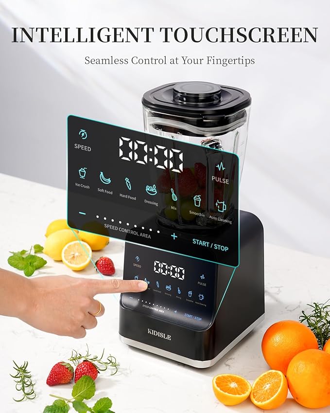 1200W Professional Smoothie Blender for Shakes, 52oz Glass Jar, Ice Crush, Puree, 9-Speed Touchscreen with Pulse & 7 Functions, Black