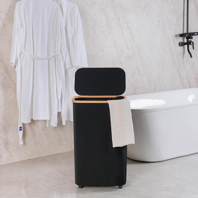 efluky Slim Laundry Basket with Wheels, Narrow Rolling Laundry Hamper with Lid and Removable Bag, Aesthetic Dirty Clothes Hamper on Wheels for Laundry Room, Bedroom, Dorm and Bathroom, 75L Dark Black