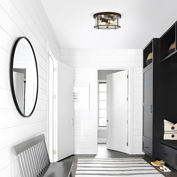 LamQee Flush Mount Ceiling Light with Clear Hammered Glass, Industrial 2-Lights Farmhouse Close to Ceiling Light Fixtures Round Low Profile Lights for Kitchen Hallway Foyer Entrance Bedroom Black