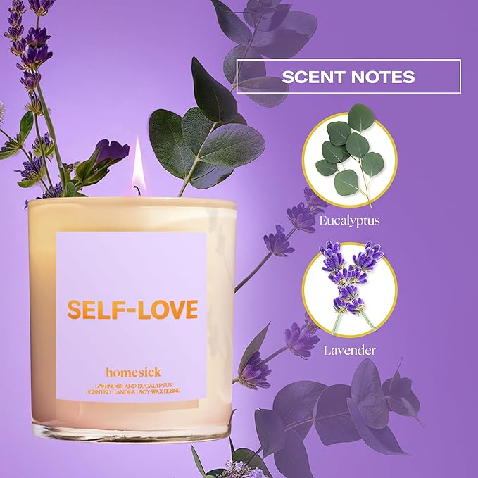 Homesick Scented Candles for Home (Self-Love) - 7.5 oz Long-Lasting Natural Soy Wax Blend Jar Candle Gift for Women & Men for All Occasions, 30-35 Hours Burn Time - Notes of Eucalyptus & Lavender