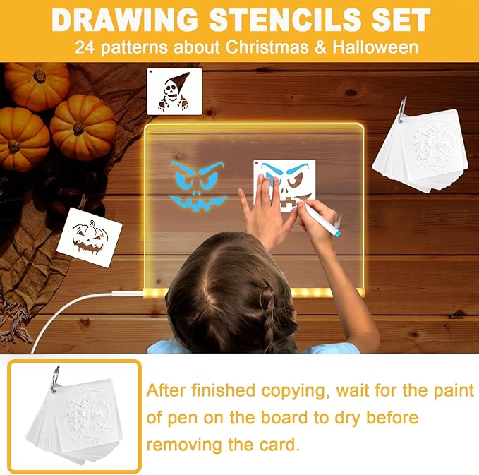 LED Acrylic Message Board, Light Up Acrylic Dry Erase Board 7.9x7.9” with Stand, LED Note Board with Colors for Kids, Glow Memo Message Writing Board with Light, Drawing Stencils Set Included