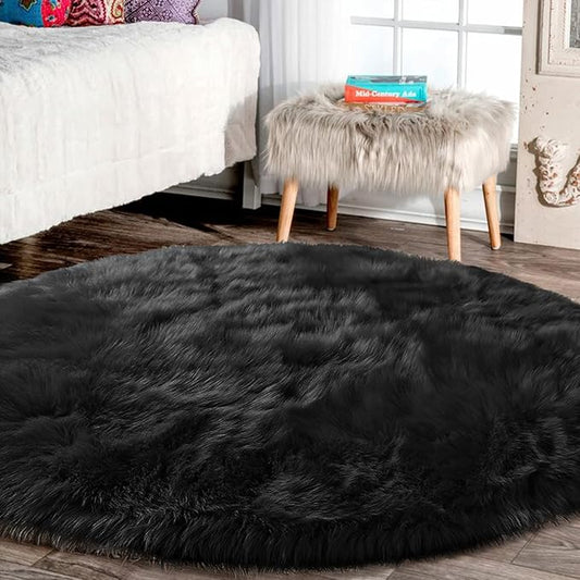 Latepis Round Area Rugs 10 ft Black Fuzzy Circle Rugs for Bedroom Large Shag Faux Fur Washable Rug for Living Room Fluffy Sheepskin Floor Rug Room Decor