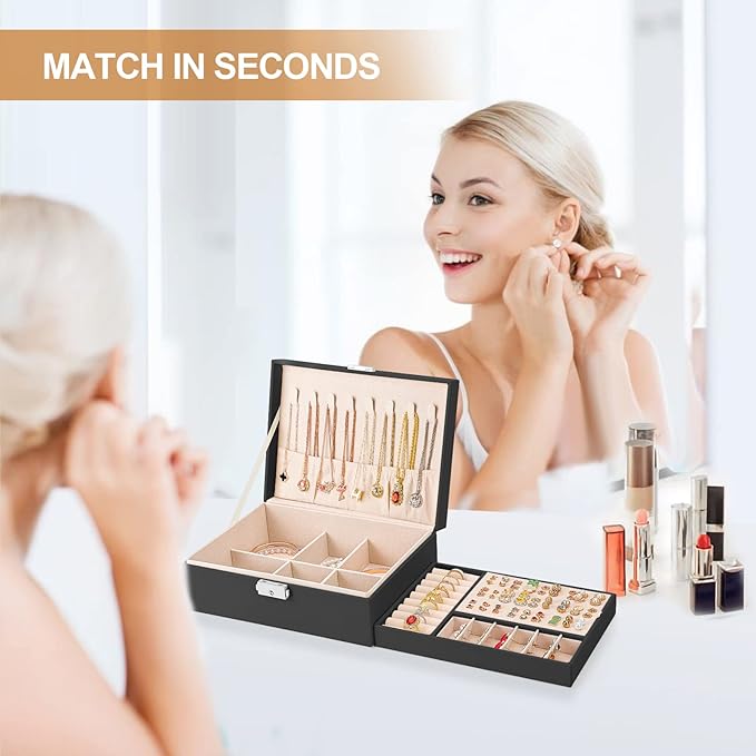 Jewelry Boxes for Women Girls 2 Layers leather Jewelry Organizer Case with Lock Storage Box Removable Tray for Necklace Earring Ring with Polishing Cloth and Jewelry Bags