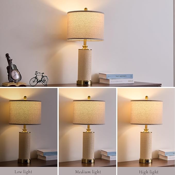 Gold Farmhouse Rattan Table Lamps Set of 2, Touch Control Desk Lamps, 3 Way Dimmable Grass Rope Large BedsideTable Lamp with USB A+C for Living Room/Bedroom/Office(2 LED Bulbs Included)