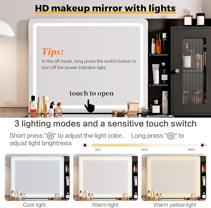 47.24" Big Modern Vanity Desk with Mirror and Lights, Vanity Desk with 29.53" HD Lighted Mirror, Makeup Vanity with 5 Drawers and Storage Shelves and Charging Station, Black2