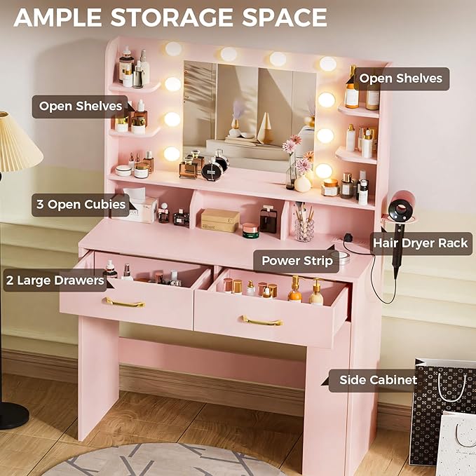 COMHOMA Vanity Desk with Lighted Mirror and Power Outlet, RGB LED Lights Makeup Vanity Set for Girls, Large Storage Capacity Dressing Table for Bedroom, 3 Lighting Modes Adjustable Brightness, Pink