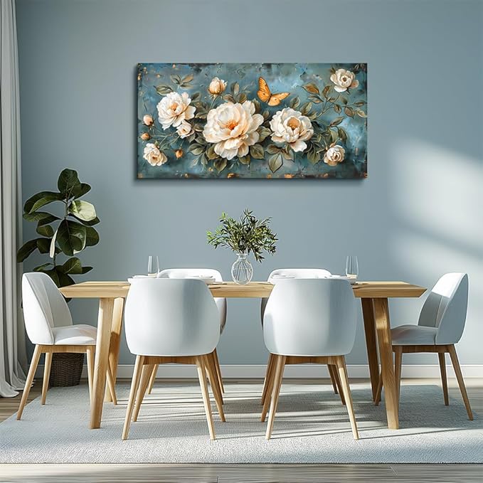 hyidecorart Living Room Canvas Wall Art White Flowers Artwork Pictures Wall Decor For Bedroom Office Decorations Modern Family Wall Paintings Posters Ready To Hang Large Framed Aesthetic Home Decor