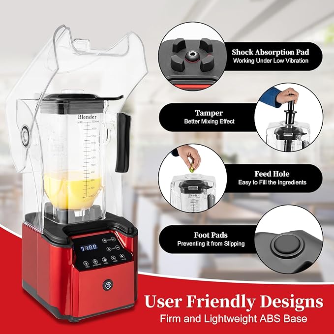 Commercial Blender with Soundproof Shield, Quiet Professional Blender, Intelligent Touch Buttons Countertop Smoothie Mixer, Adjustable Speed Smoothie Juicer