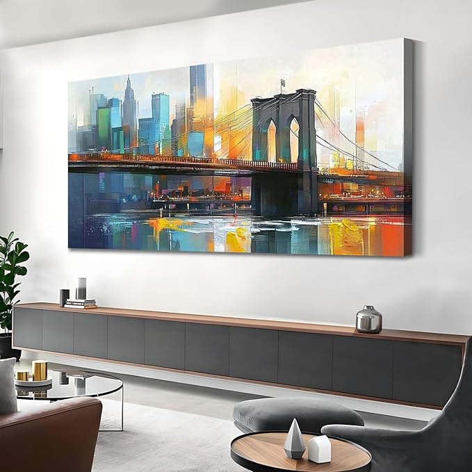 Arjun Cityscape Wall Art New York City Canvas Painting Brooklyn Bridge Manhattan Modern Blue Picture Grey Artwork Framed for Living Room Bedroom Dinning Room Bathroom Home Office Wall Decor 40"x20"