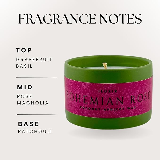 Bohemian Rose Scented Candle Fresh Floral Aroma with Rose Magnolia Patchouli Natural Coconut Wax Long-Lasting Non-Toxic Eco-Friendly Home Office Decor Relaxation Handcrafted Luxury (5 oz.)