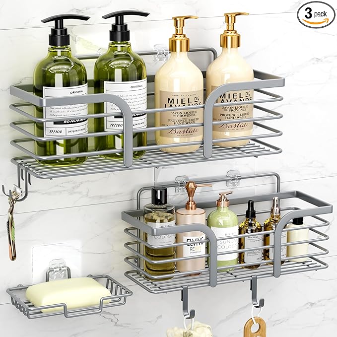 Shower Caddy 3 Pack, Adhesive Shower Shelf Organizer Rack, Rustproof Stainless Steel Bathroom Organizers and Storage, Large Capacity Wall Mounted No Drilling Bathroom Accessories