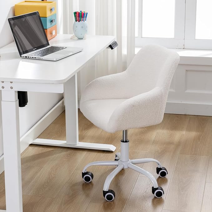 Kids Desk Chair Faux Fur Upholstered Swivel Reading Chair, Cute Adjustable Study Chair with White Wheels for Reading Room Bedroom, White