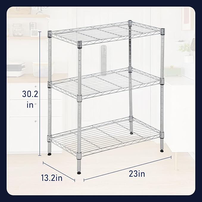 PayLessHere Shelf Shelving Pantry Storage Cabinet Heavy Duty 3 Tier Metal Storage Shelf 450 lbs Total Capacity NSF Certified Space Saving Design Adjustable Feet Easy Assembly (Chrome)