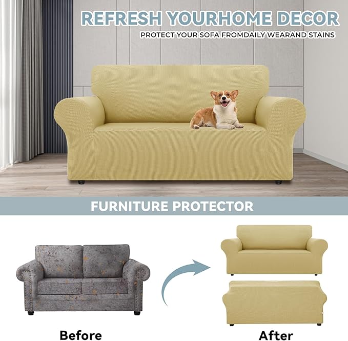 LURKA Stretch Loveseat Sofa Slipcovers 1 Piece Couch Covers for Sofa Furniture Protector Full Sofa Covers with Elastic Bottom for Kids and Dog (Champagne, Medium)