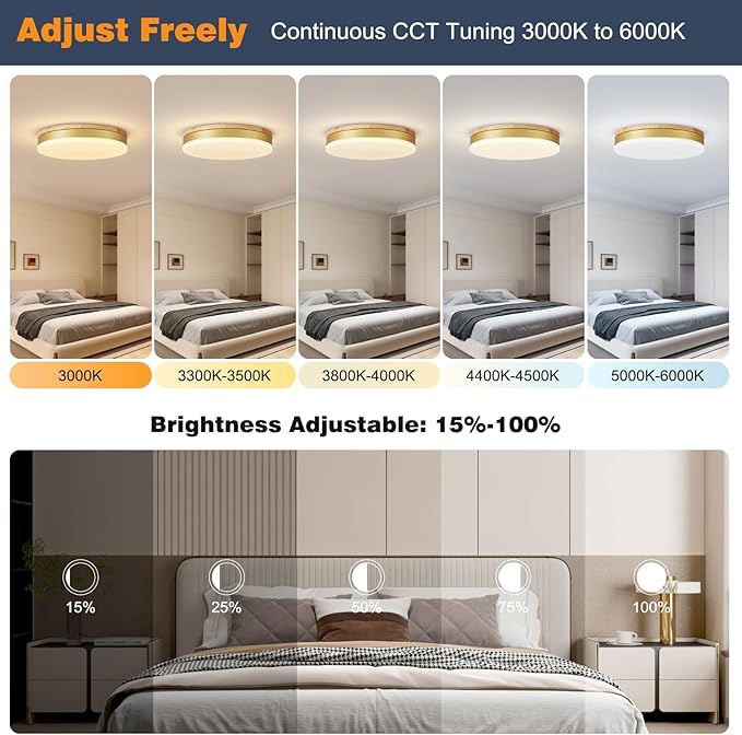 Modern Dimmable Gold Ceiling Light with Remote, 11.8in Flush Mount Ceiling Light, 24W 3000K-6000K Light Color Adjustable, 2200LM Round Ceiling Lamp Fixtures for Bedroom, Living Room, Hallway