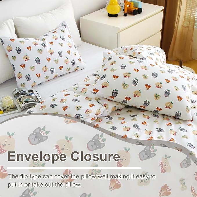 Ivellow Twin Duvet Cover for Kids Cartoon 100% Cotton Kids' Duvet Cover Sets Dog Animal Patterned Duvet Cover Ultra Soft Breathable Cute Toddler Bedding Set Zipper Closure Boys Girls Teens