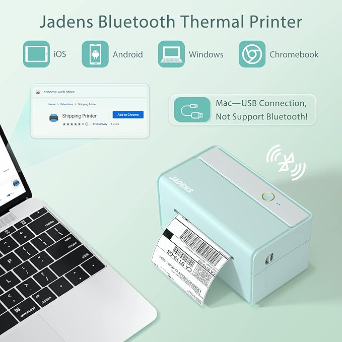 JADENS Bluetooth Thermal Label Printer -Wireless Shipping Label Printer for Small Business & Package, USPS, Etsy, Amazon, Compatible with iPhone, Windows, Android, 4x6, Label Maker, Green