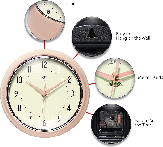 Infinity Instruments LTD. Retro 9 inch Silent Sweep Non-Ticking Mid Century Modern Kitchen Diner Wall Clock Quartz Movement Retro Wall Clock Decorative (Rose Blush)…