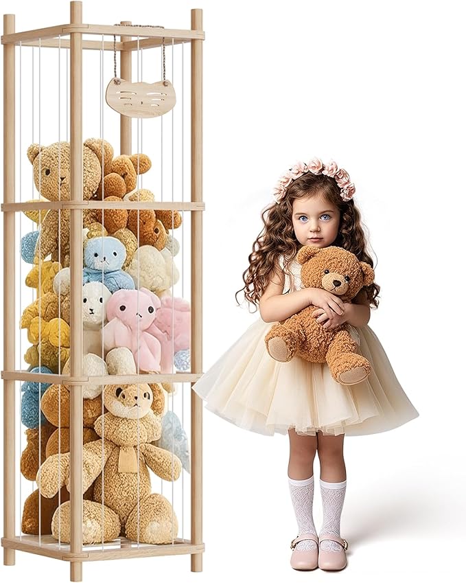 Stuffed Animal Storage , Wooden Stuffed Animal Storage with High Elastic Rope, Large Stuffed Animal Zoo 51" for Nursery Playroom Bedroom (varnish color)