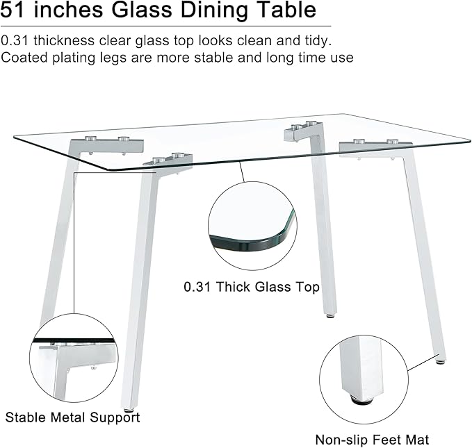 Glass Dining Table Set for 4,Rectangle Dinner Table with 4 Black Leather Kitchen Chairs,51 in Kitchen Room Dining Set,0.31” Tempered Glass Tabletop with Silver Metal Legs,4 Dining Chairs