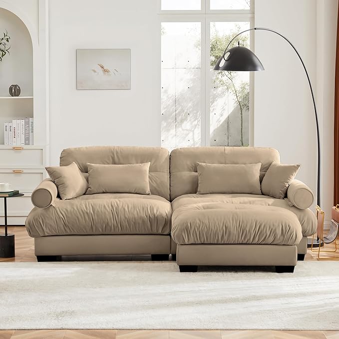 Ball & Cast 93.7" Modern Sectional Sofa,L-Shaped Sectional 2-Seater Loveseat with Movable Ottoman,Pillows and Overthick Cushion,Big Comfy Couch for Living Room,Reading Room,Loft and Bedroom,Camel