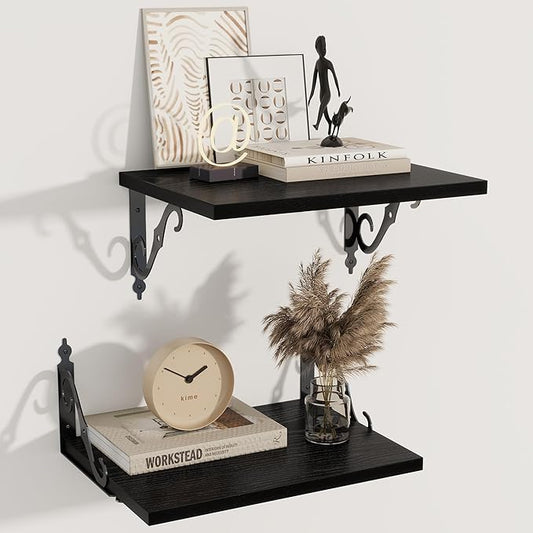 Deep Floating Shelves, 16" W x 12" D Wall Shelves Set of 2, Wide Display Shelf Wall Mounted with Brackets, Bookshelf for Living Room, Bathroom, Bedroom, Black