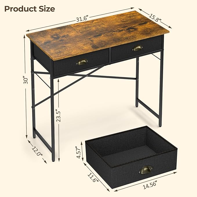 Small Writing Desk for Kids Bedroom, 31.5 Inch Computer Desk for Small Spaces, Simple Desk with 2 Fabric Drawers for Home Office, Dorm, Living Room, Home Study Table, Rustic Brown