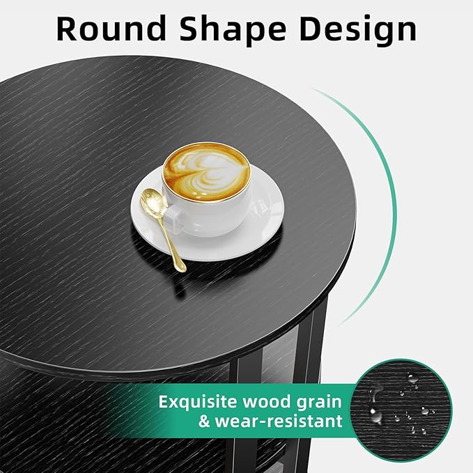 Rotating Round Side Table, 3-Tier End Table with Metal Frame, Nightstand for Small Spaces, Side Table Living Room Bedroom Sofa Bathroom, Pure Black