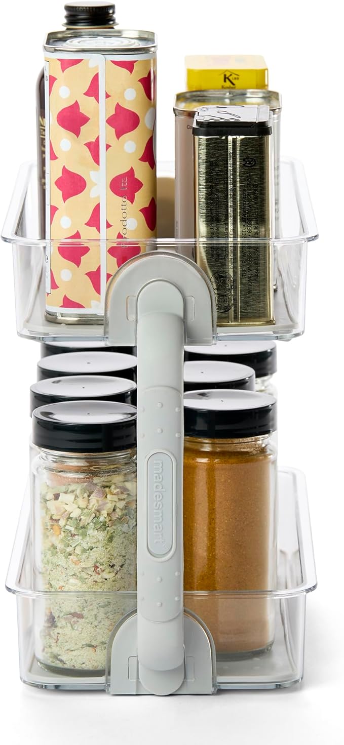 madesmart Two Level Spice Organizer-Cabinet Collection Maximizes Vertical Space, Removable Soft-Grip Lining, Dual Handles &BPA-Free, Small, Grey